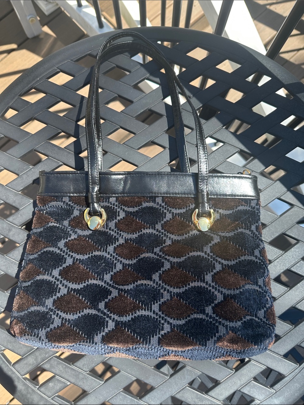Vintage Cara Textured Geometric Tote Bag in Navy and Brown